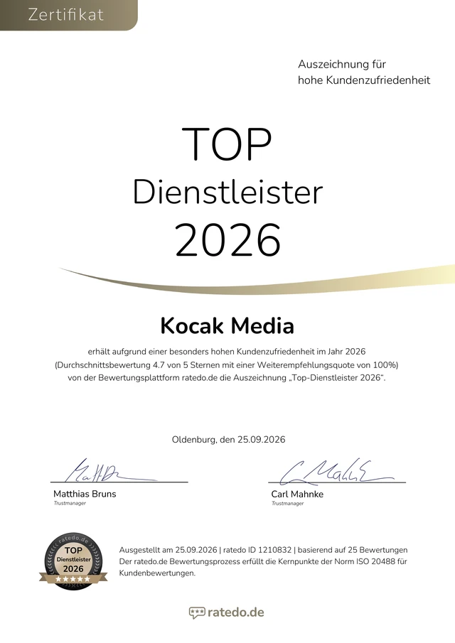Zertifikat Top-Dienstleister 2026 – Kocak Media, ratedo.de